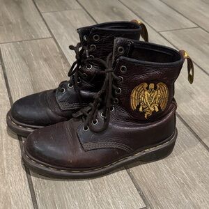 Dr. Martens Dark Brown Leather Boots with Gold Gargoyle Embroidery MIE